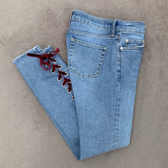 Pilcro and the Letterpress Side Velvet Lace Up Mid Rise Straight Leg Jeans Sz 26 - Picture 1 of 15